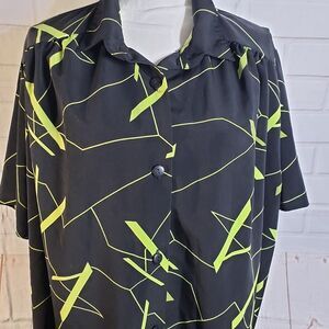 Cool Vintage Black and Lime Green Button Collared Blouse womens 1X Comfy Shirt